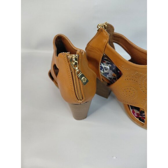 Brown Peep-Toe Block Heel Sandals With Cut-Out Design & Back Zipper Closure Prin - Picture 3 of 9
